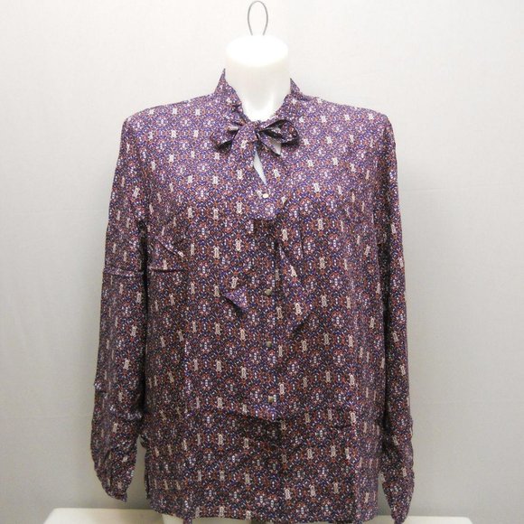 Concepts Ladies Button Down Shirt Tie-Neck Long-Sleeve Vintage Print Plus 4X NWT - Picture 3 of 6